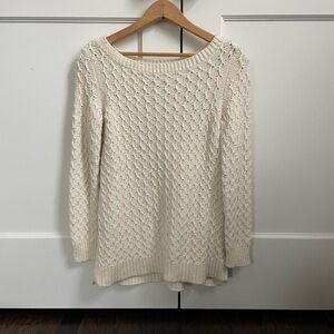 cream and white cable knit sweater